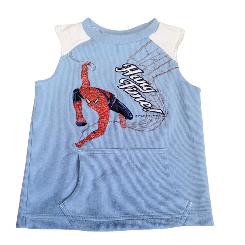 Vintage early 2000s Y2K Spiderman Marvel Hang Time baby blue muscle tank top